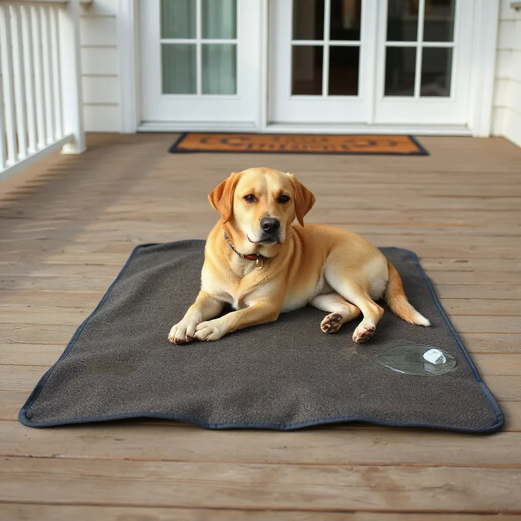 Dog relaxing on a clean outdoor mat on a patio walkway in daylight