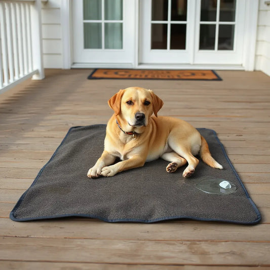 Dog relaxing on a clean outdoor mat on a patio walkway in daylight