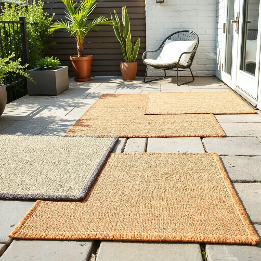 Outdoor patio with cushioned outdoor patio mats laid on a deck near outdoor seating