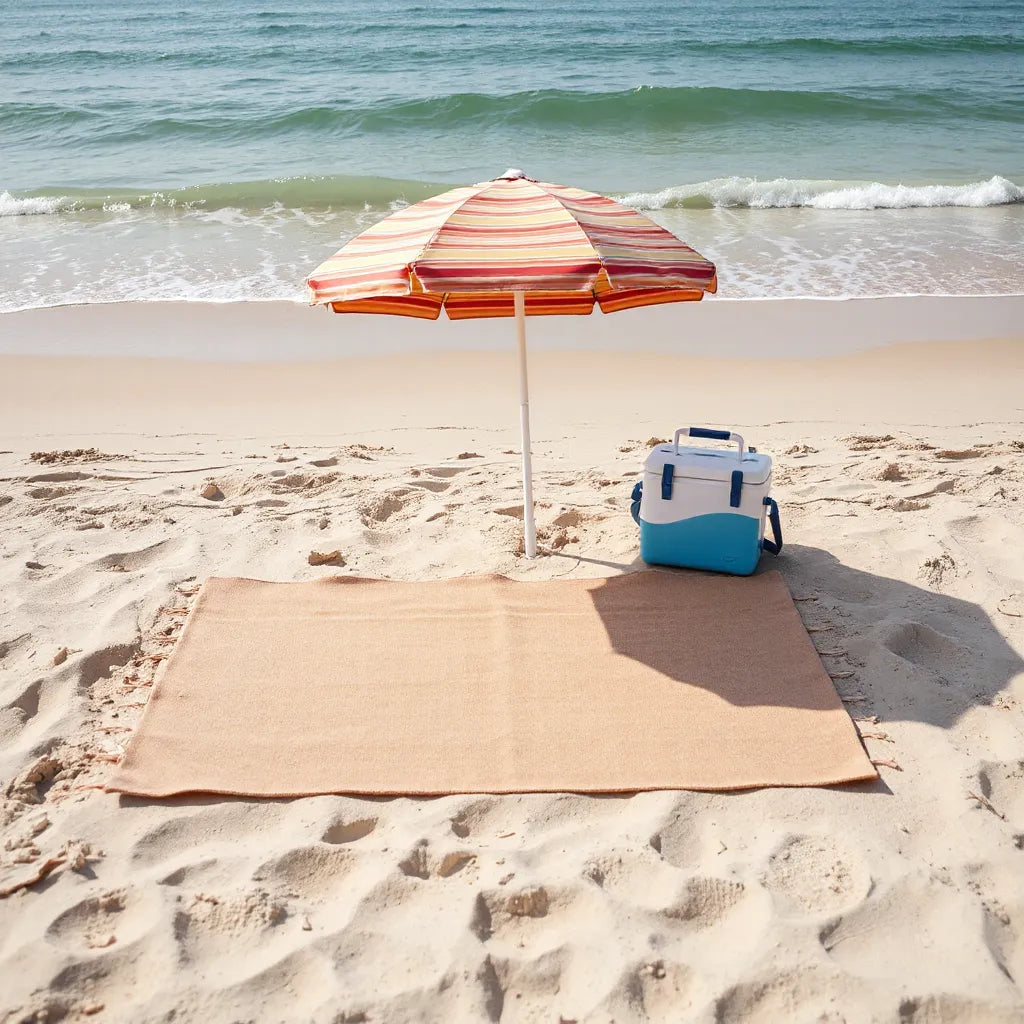 Sand-friendly beach mat on shore beside a cooler and folded umbrella