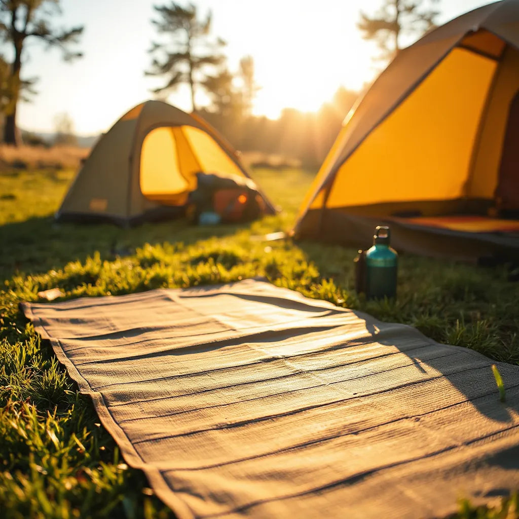 UV-resistant camping mat on grass beside a tent in bright sunlight
